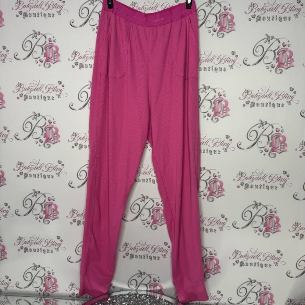 Victoria secret pink pants lounge elastic logo waist shimmer shiny writing luxe